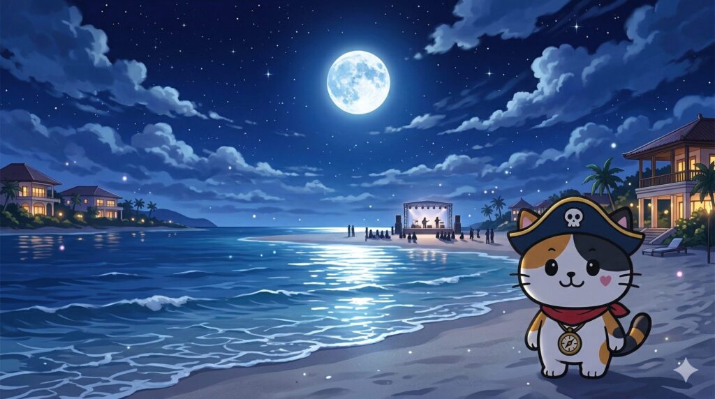 月夜のビーチ音楽イベントを眺めるココロ船長