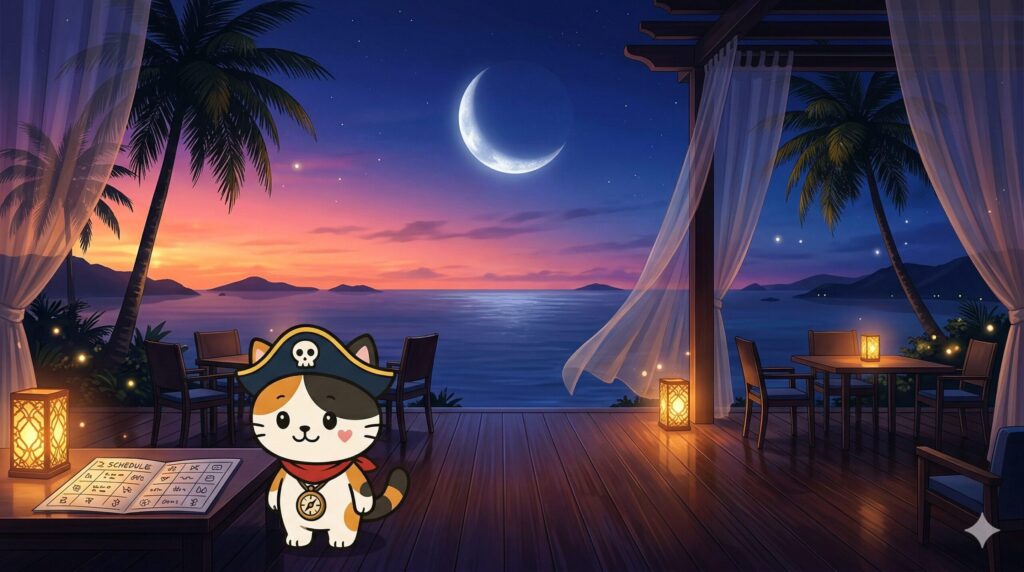 夜の予定を確認しているココロ船長