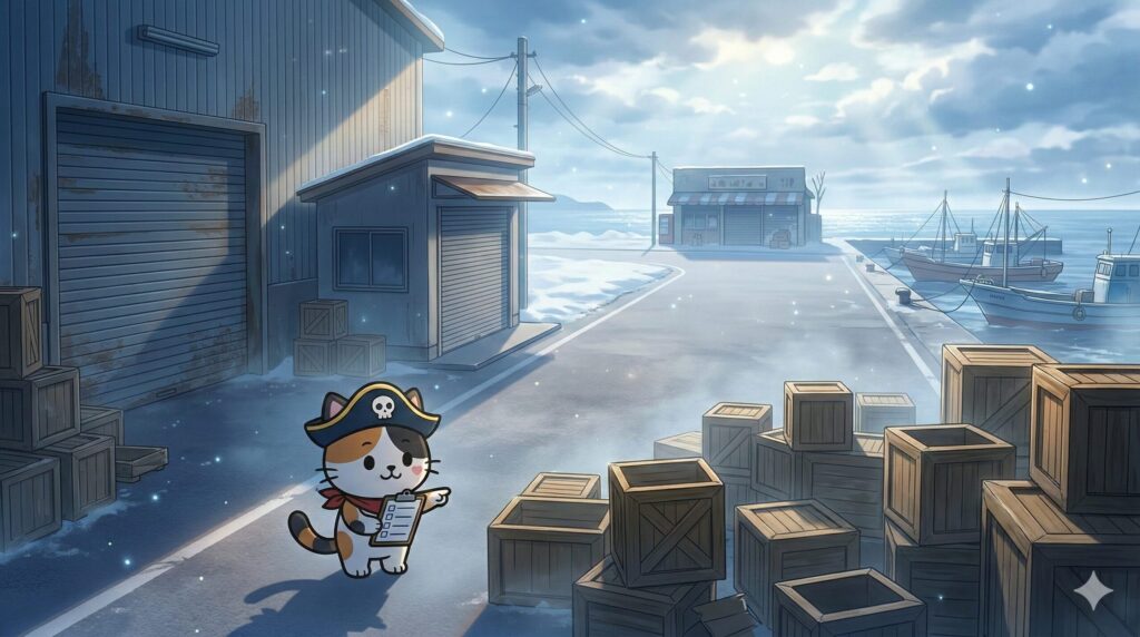 港と島の街並みを背景に、補給が止まる仕組みを示す無人の荷捌き場を確認するココロ船長の見出し画像