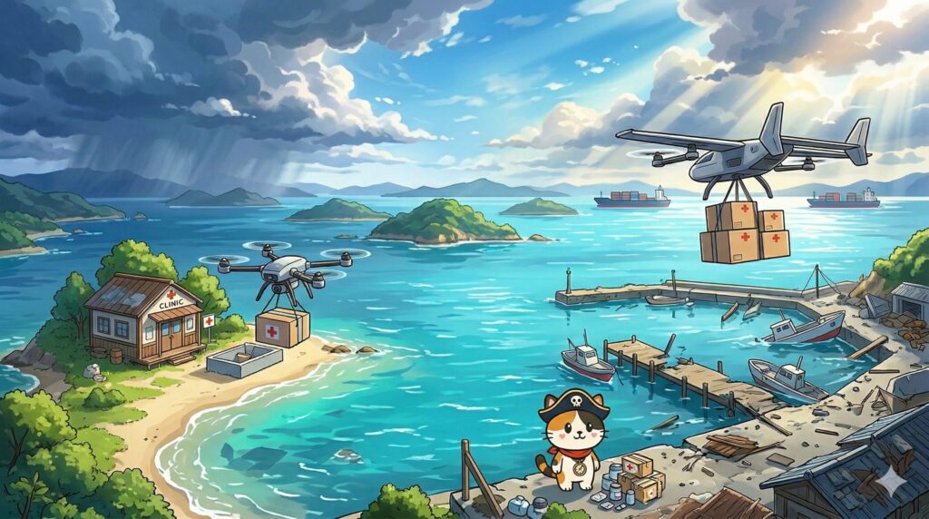 医療物資を見守るココロ船長