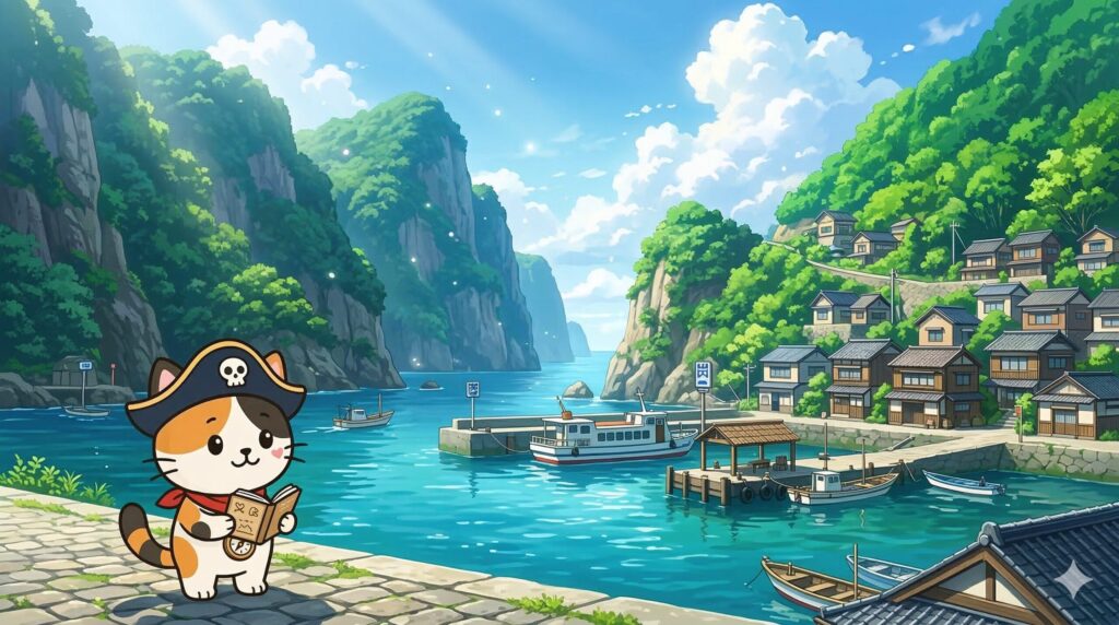 離島の港を眺めながら旅のノートを開いているココロ船長