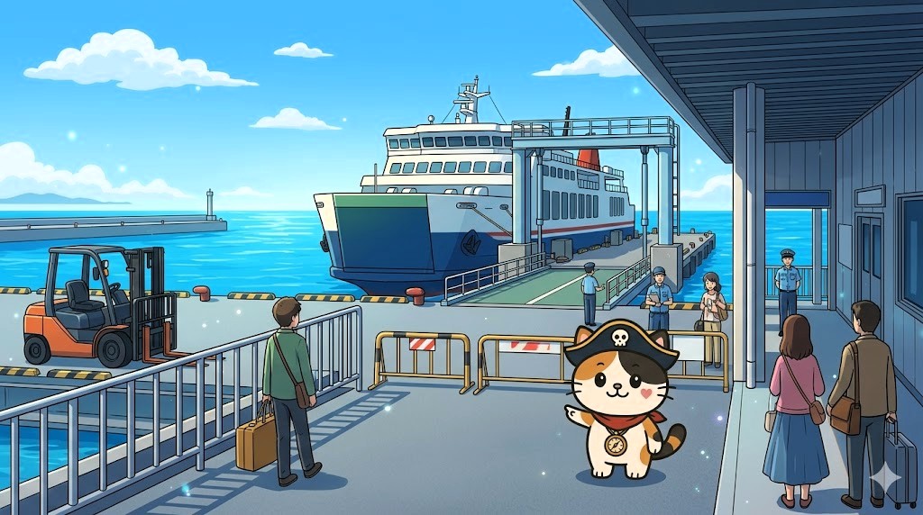 フェリーを案内しているココロ船長