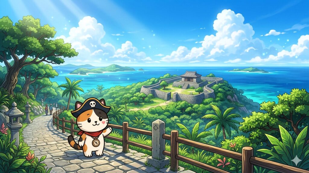 伊是名島の景色を案内しているココロ船長