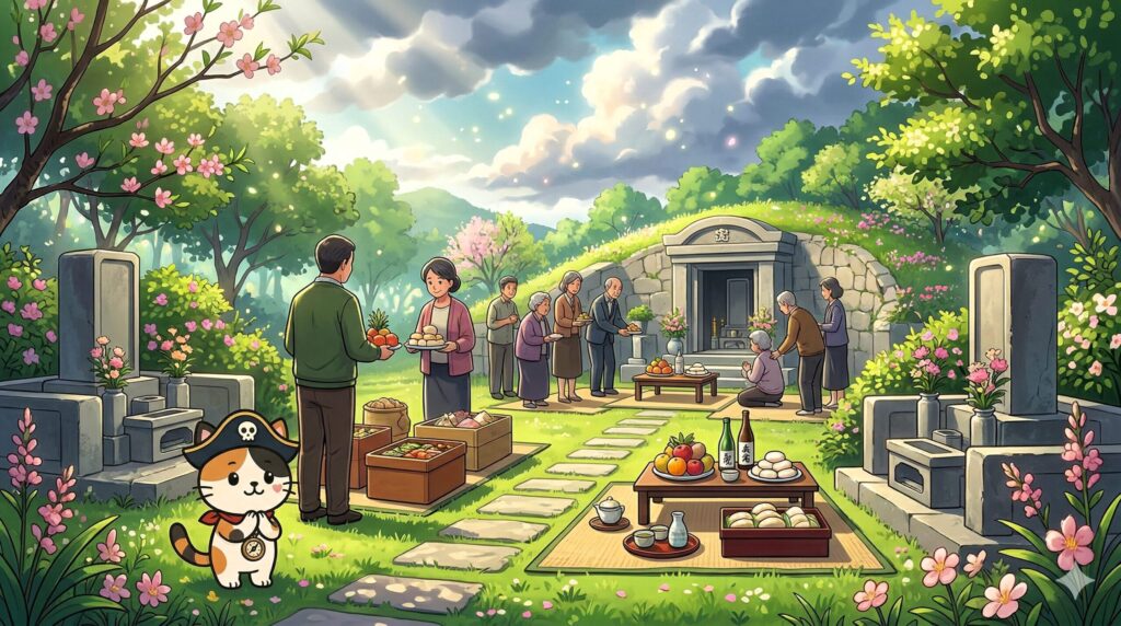 清明祭の祈りの場にいるココロ船長