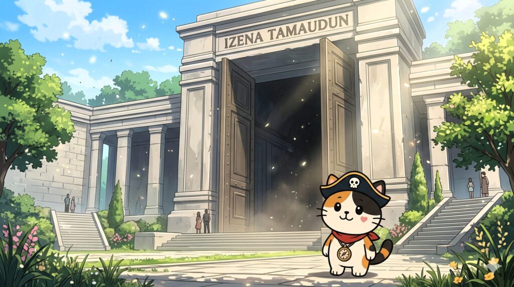 開門した玉御殿を見上げているココロ船長