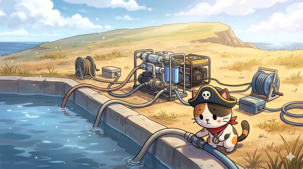 浄水装置を見守るココロ船長