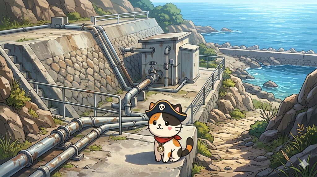 配管を見つめるココロ船長