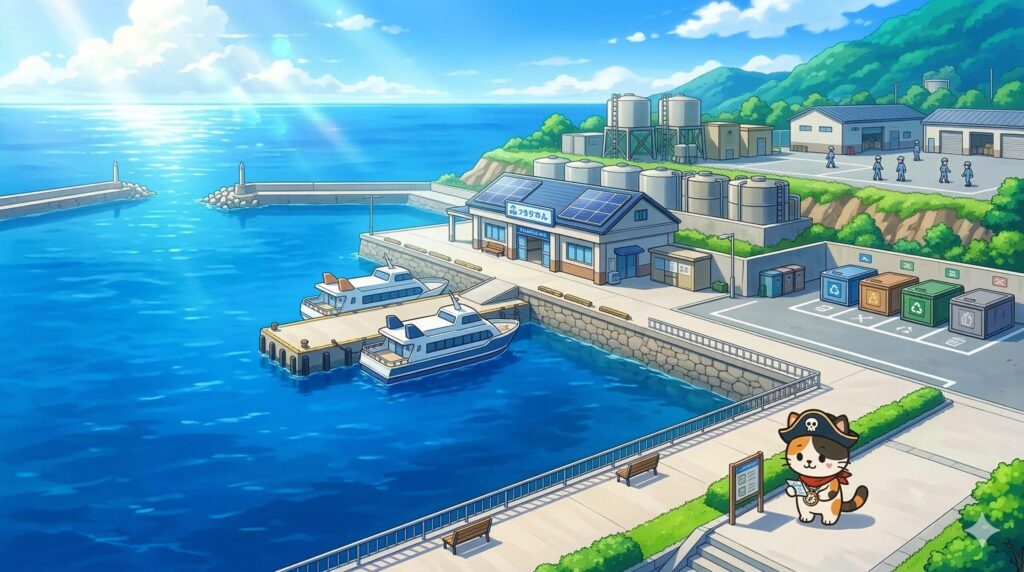 港で案内を確認しながら協力金の背景を考えるココロ船長