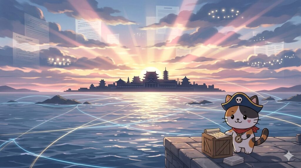 制度改正の背景を示す海辺で資料を確認するココロ船長