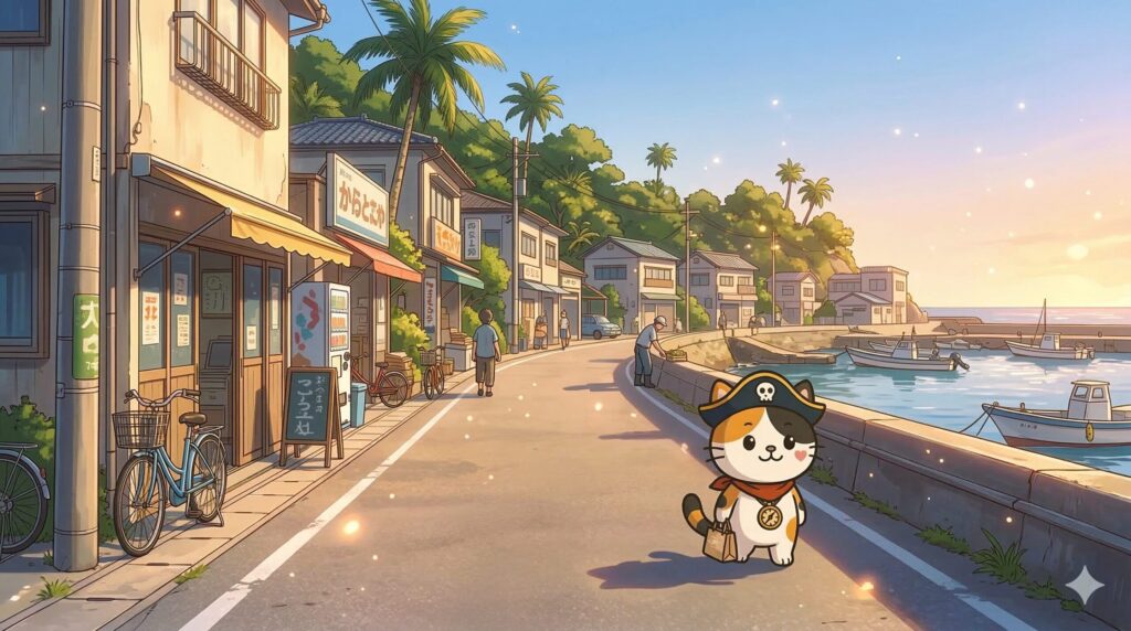 島の集落で周囲に配慮しながら歩いているココロ船長