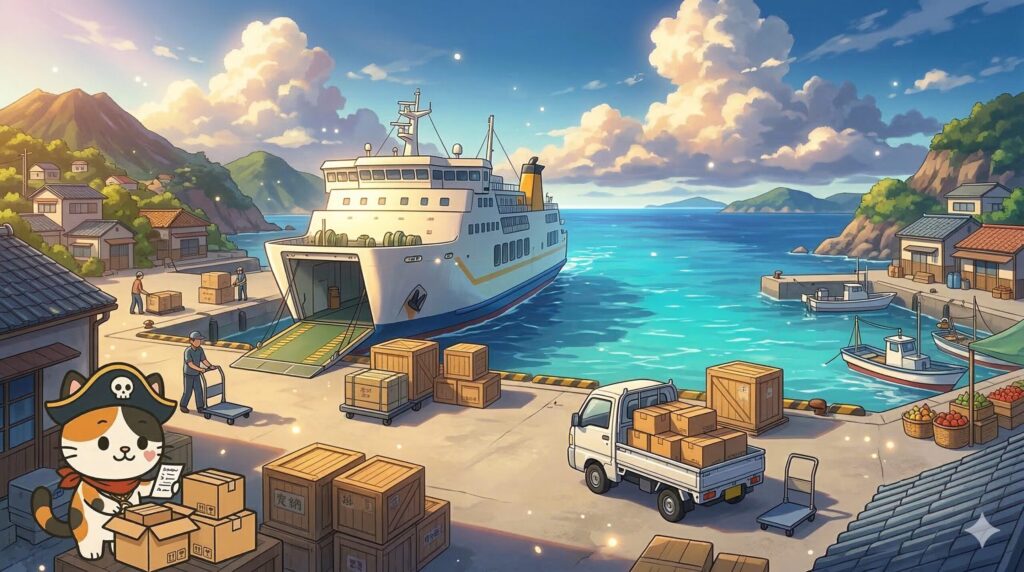 港で荷物の動きを見ながらココロ船長が物流を確かめている画像