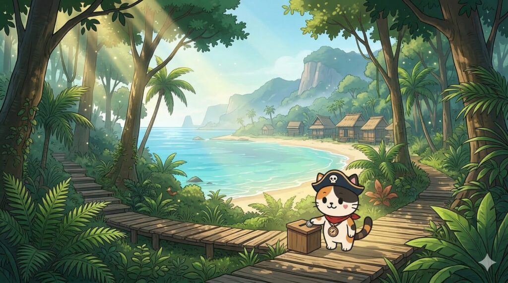 自然保護の協力箱の前にいるココロ船長