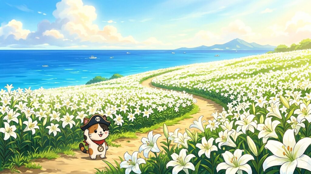 青い海とゆり畑を見渡すココロ船長