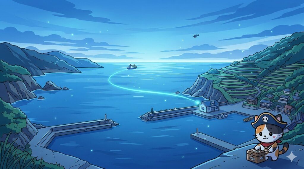 港で荷物を見るココロ船長