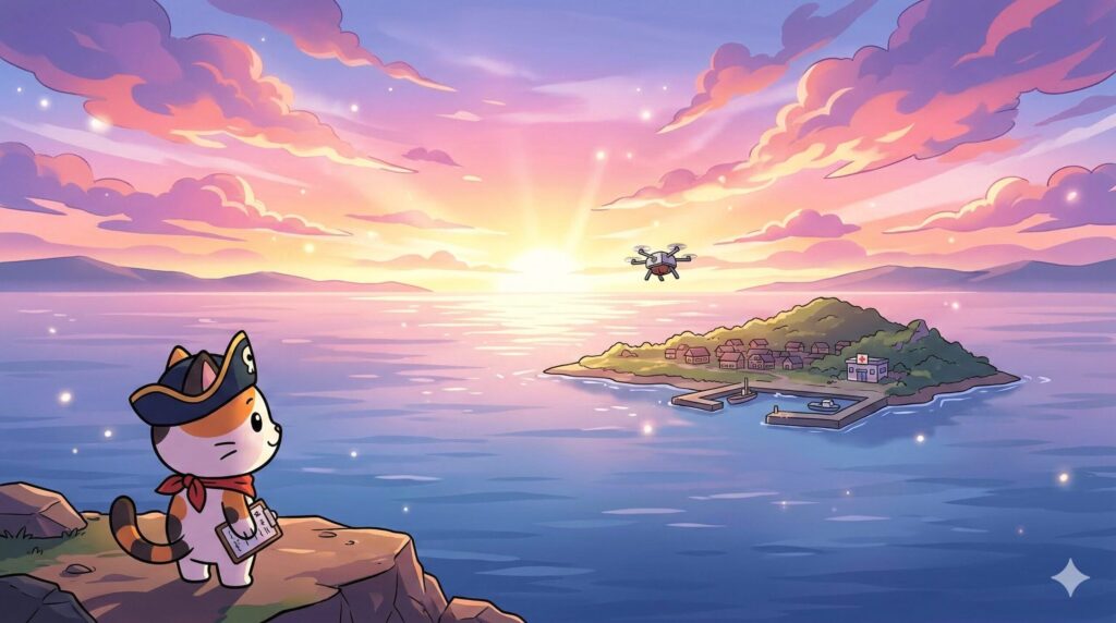 離島の海を見つめるココロ船長