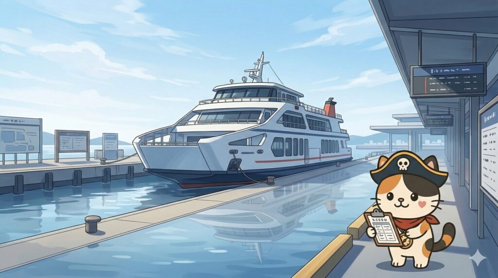 新造船の就航情報を確認しているココロ船長