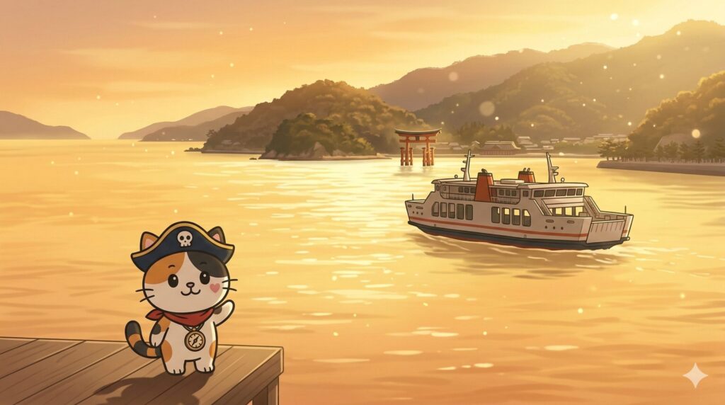 宮島の海を背景に見送っているココロ船長