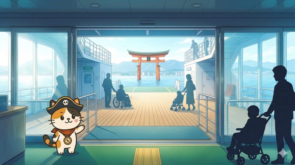 新造船の快適な船旅を案内しているココロ船長