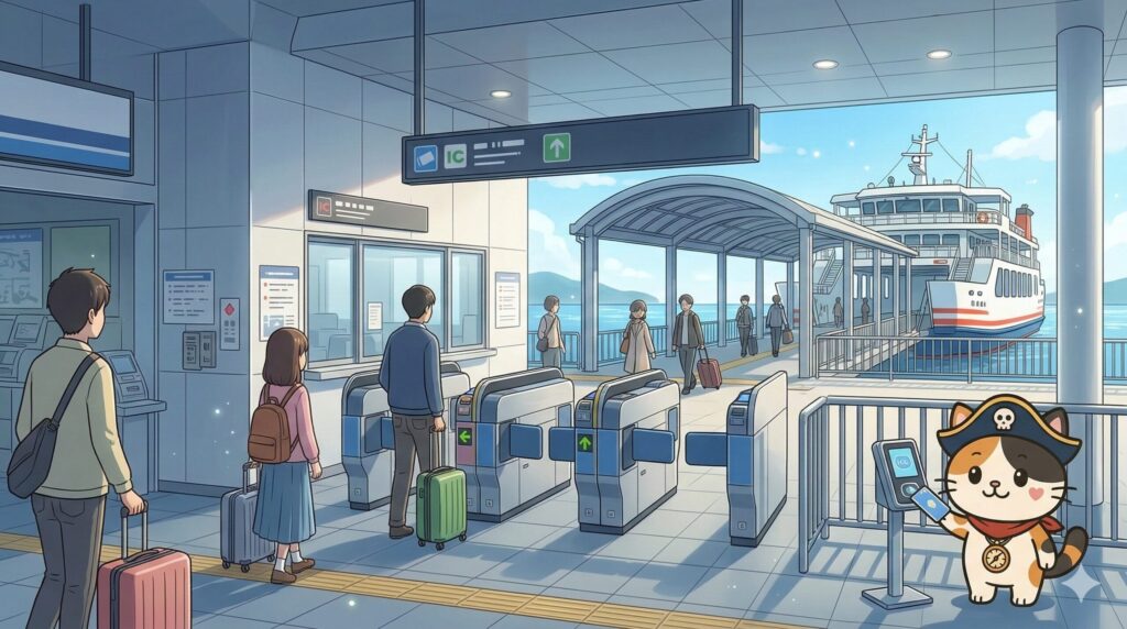 宮島フェリーの乗り方を確認しているココロ船長