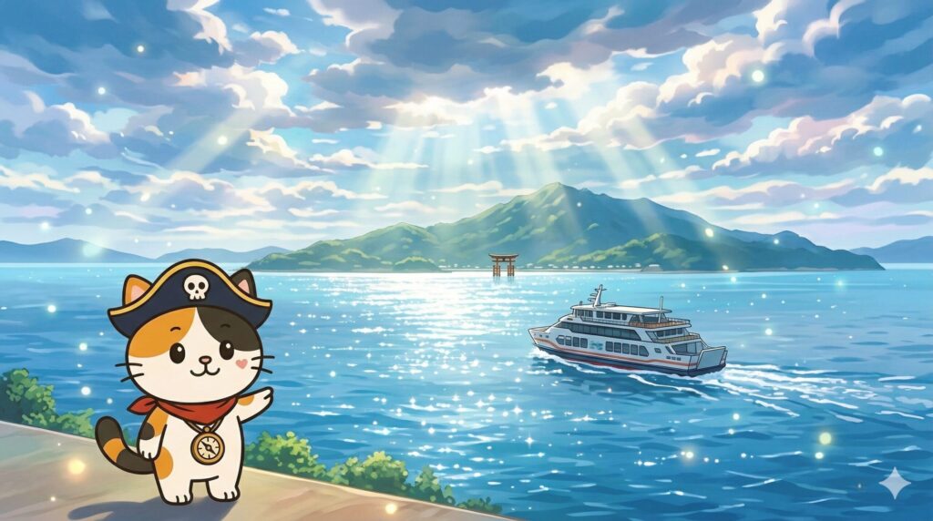 宮島へ向かう新造船を紹介しているココロ船長