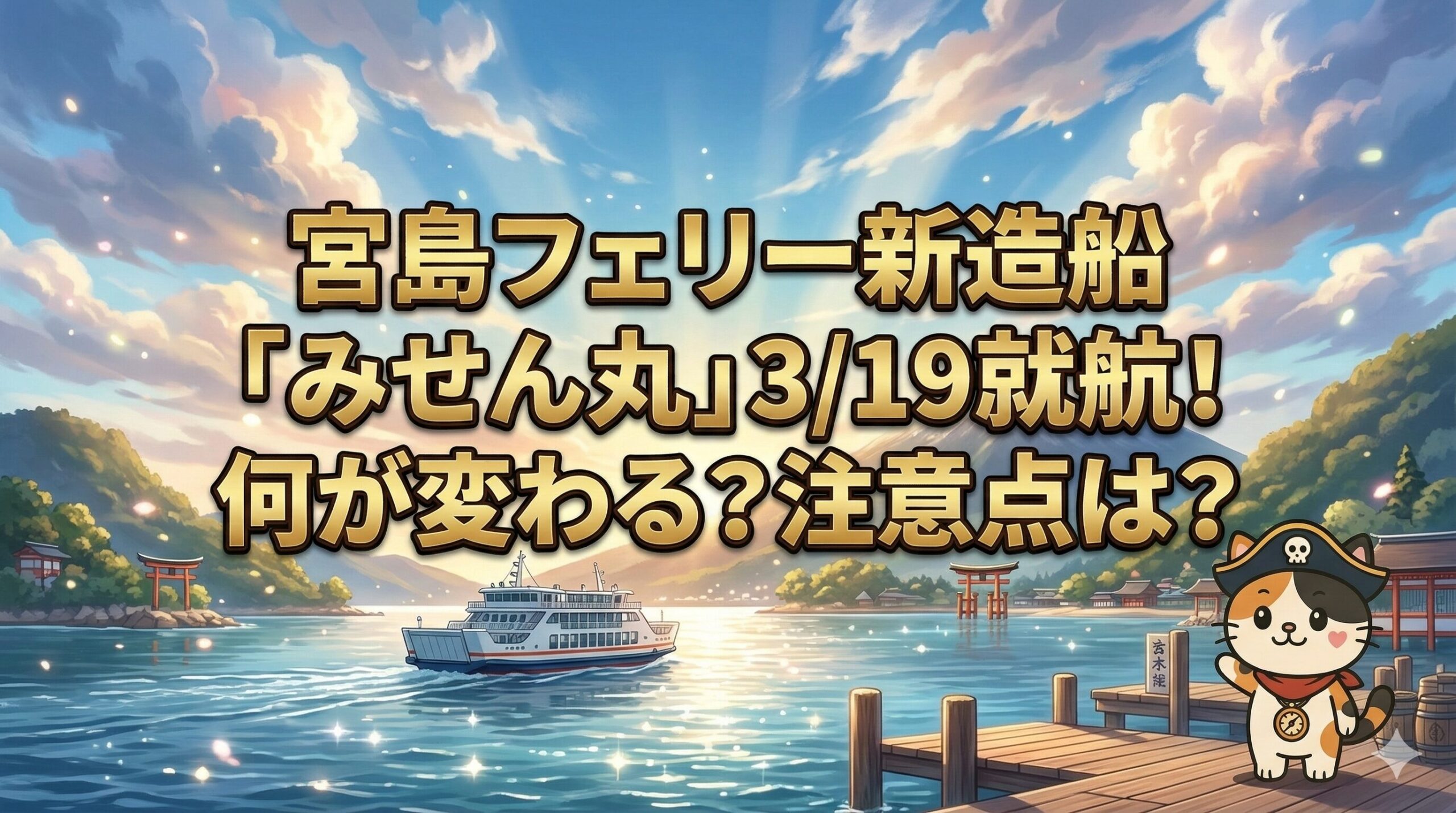宮島へ向かう新造船を背景に立つココロ船長のサムネイル