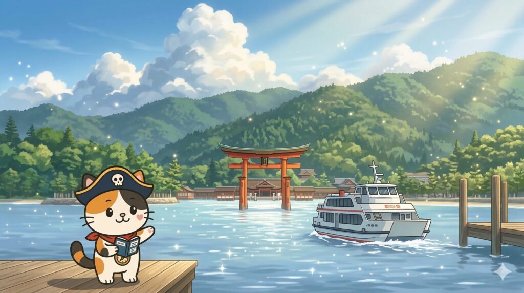 宮島へ向かう船を前に案内しているココロ船長