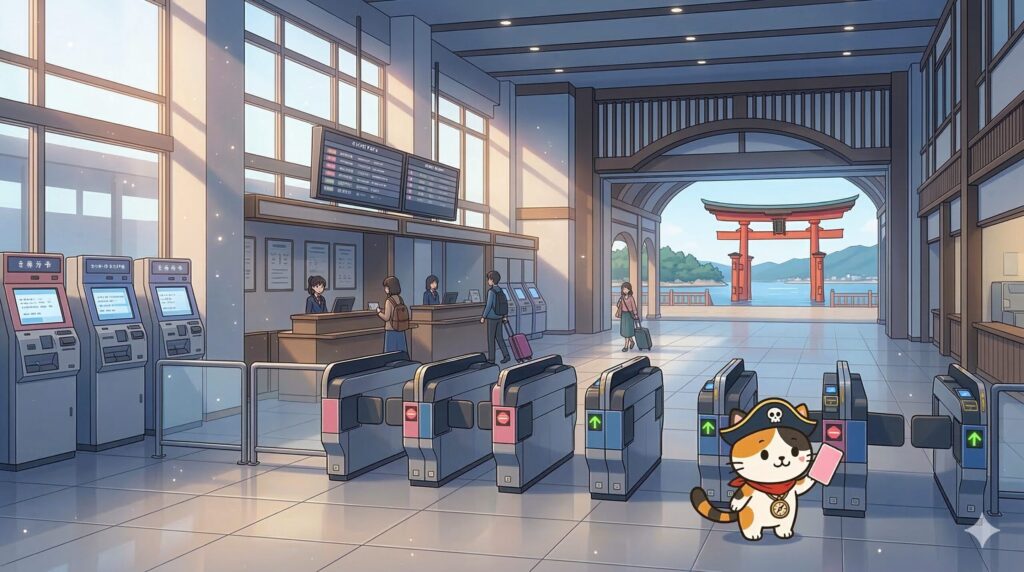 乗船口で支払い方法を確認しているココロ船長