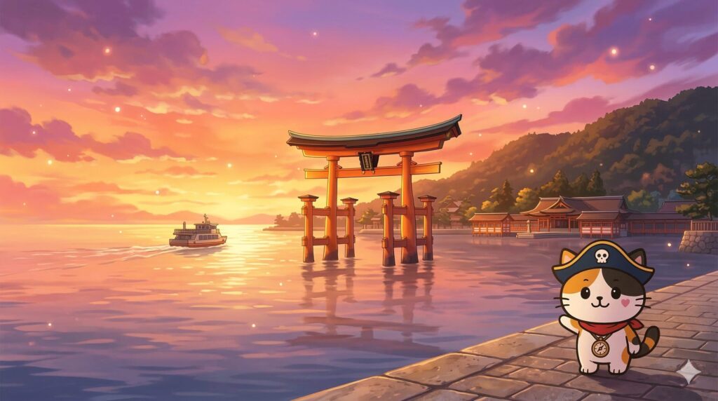 夕景の宮島を案内して締めくくるココロ船長