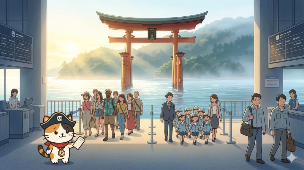 乗船客の流れを確認しているココロ船長