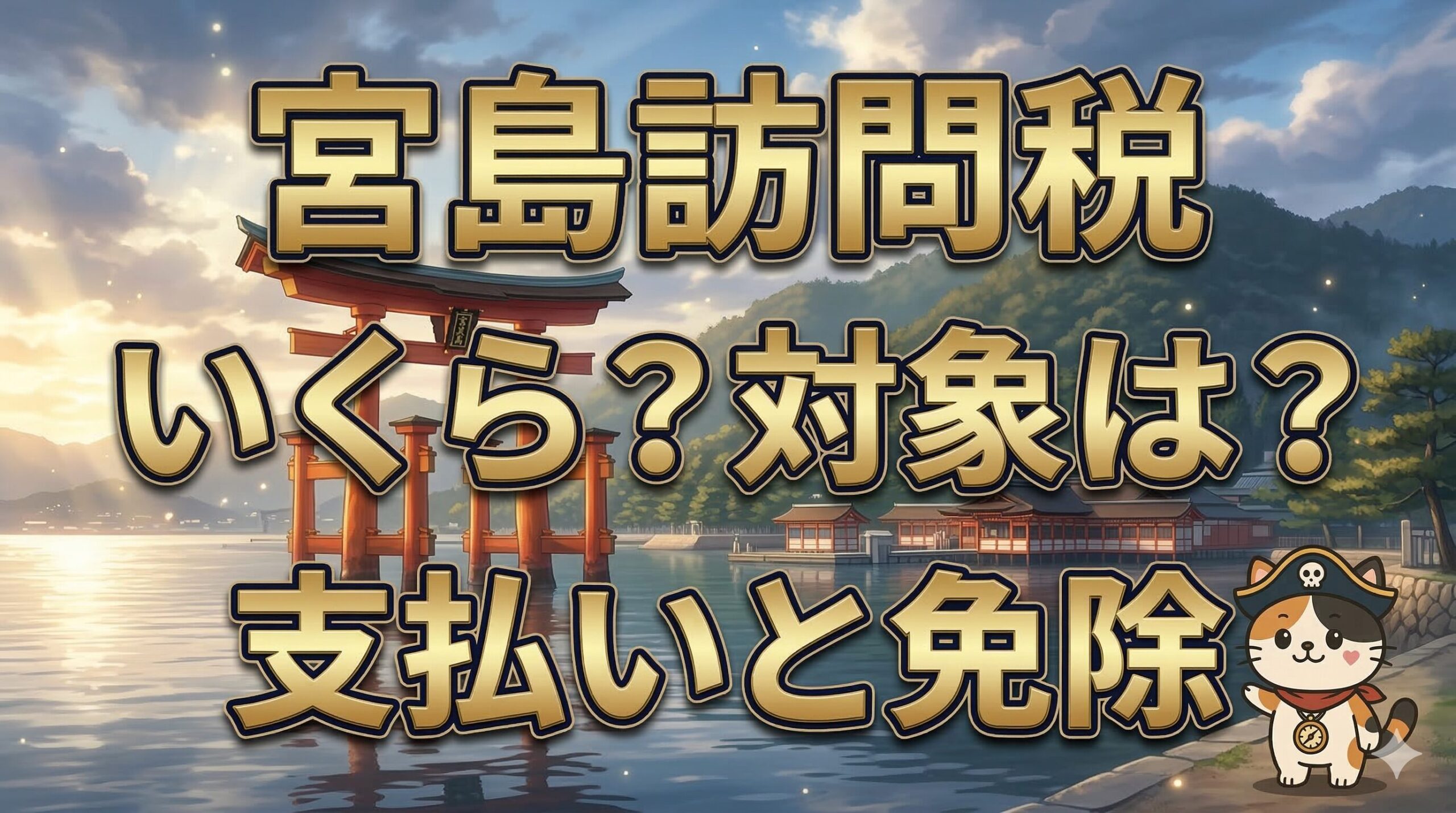 宮島の大鳥居を背景に訪問税を案内しているココロ船長