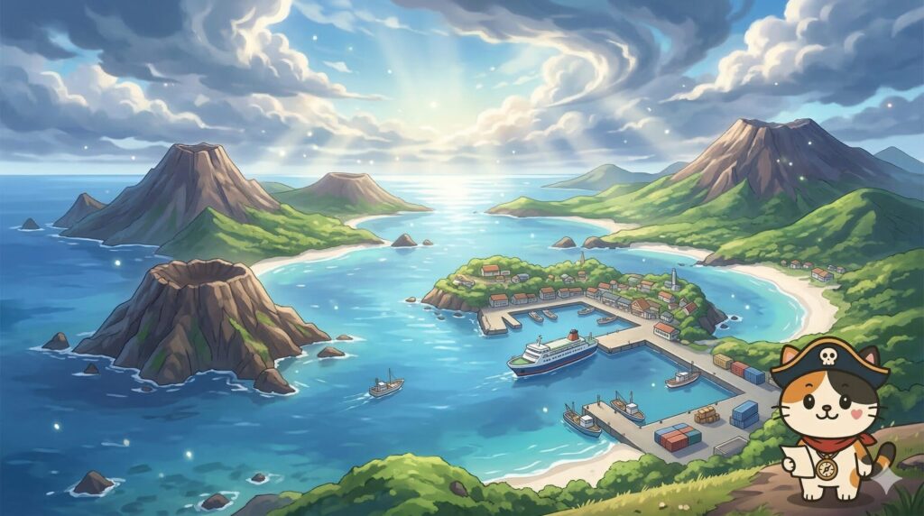 新島と式根島の海と港を見渡す風景の中でココロ船長が様子を見ている画像