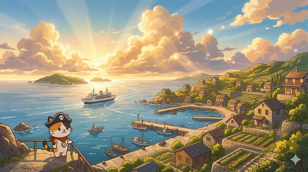 希望のある島の港を眺めるココロ船長のまとめ用画像
