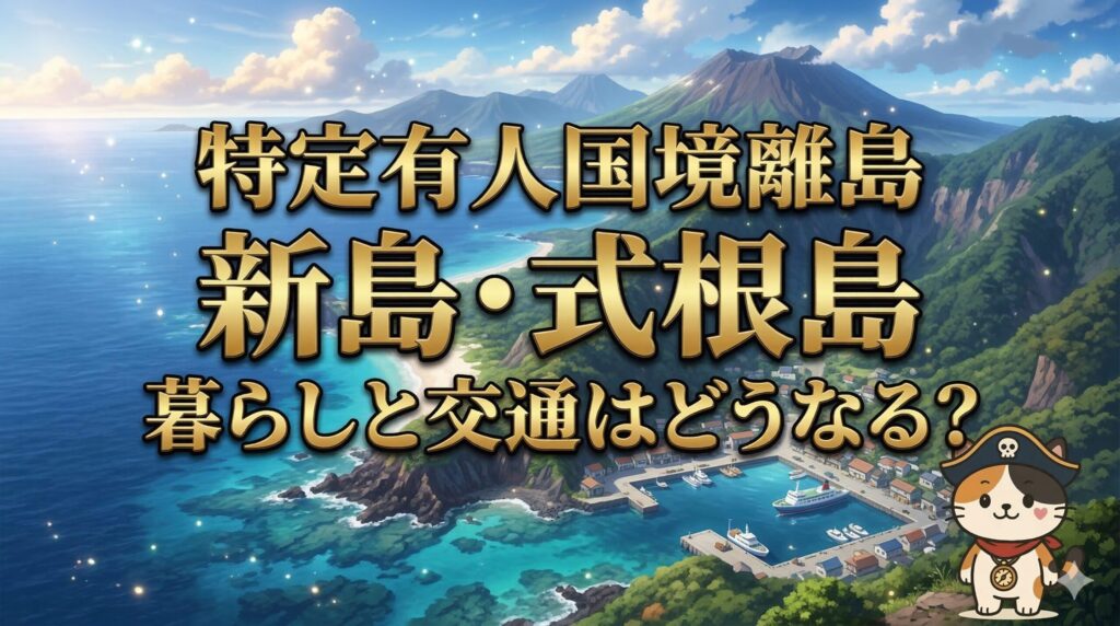 新島と式根島の海と港を背景に、ココロ船長が小さく立つサムネイル画像