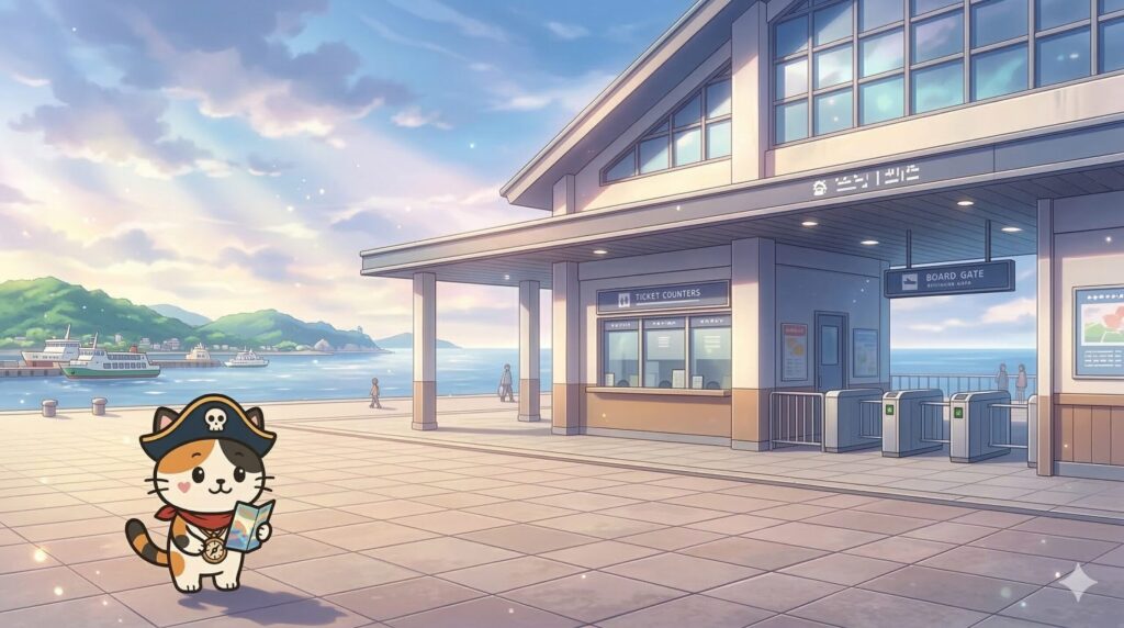 港の入口で案内を見ながら追加費用を気にしているココロ船長