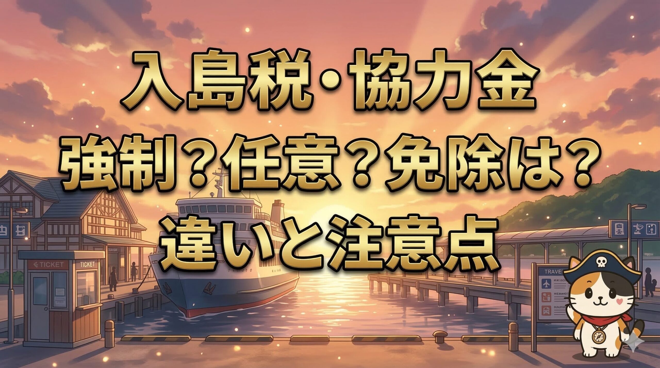 港で案内を確認しているココロ船長と、入島税・協力金の違いを示すサムネイル