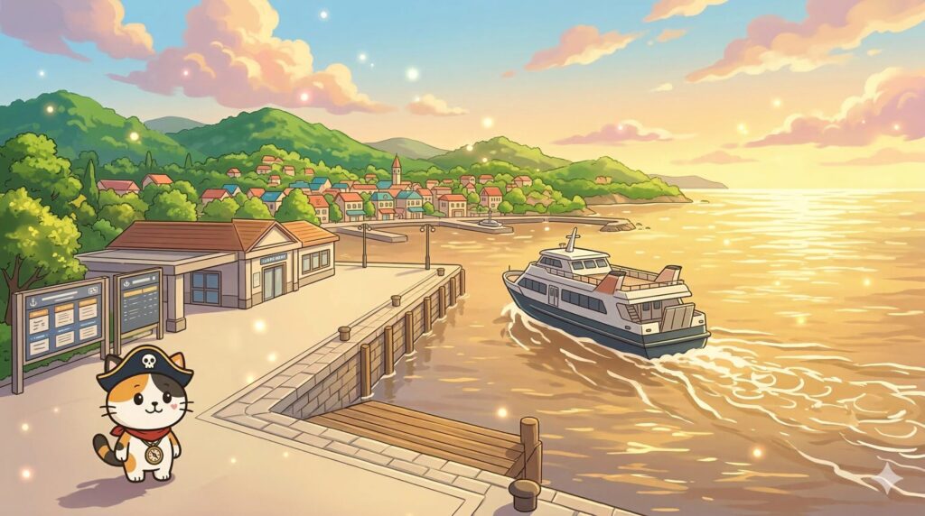 港の景色を見ながら安心した表情で旅支度を整えるココロ船長