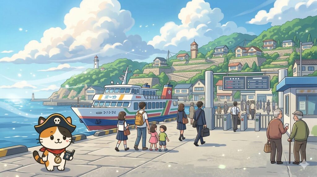 乗船エリアで免除対象のケースを確認しているココロ船長