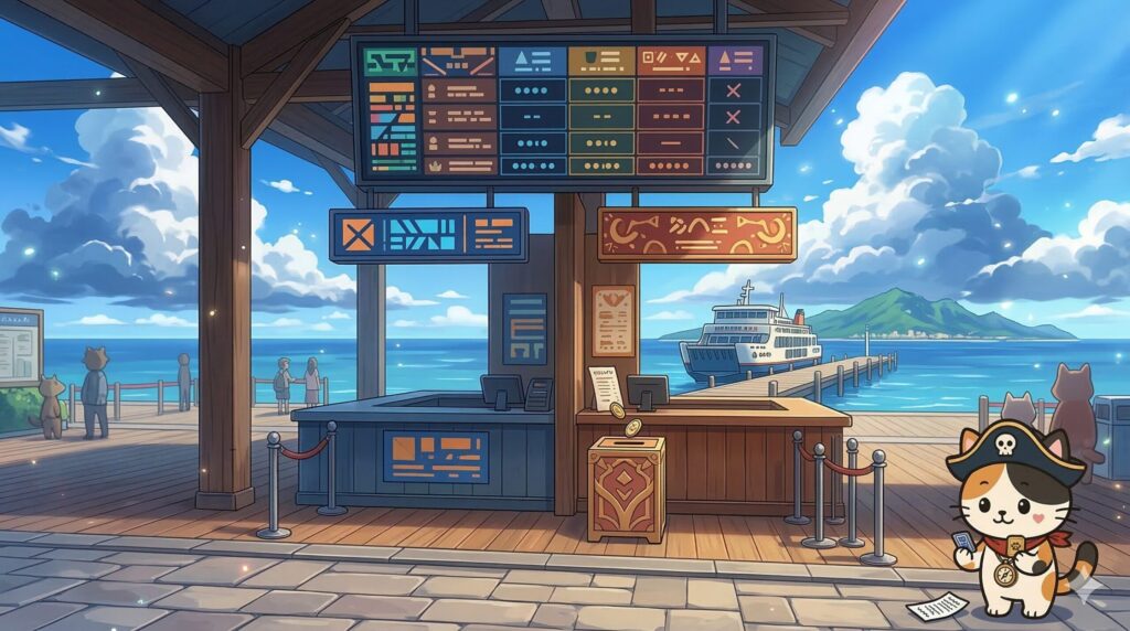 港の料金案内エリアで支払いの違いを確認しているココロ船長