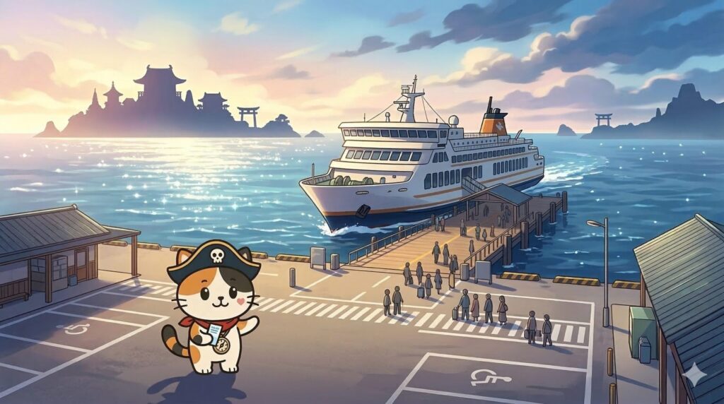 港で乗船案内を確認しているココロ船長