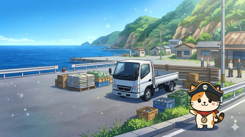 海辺の資源回収拠点でEVトラックを紹介しているココロ船長