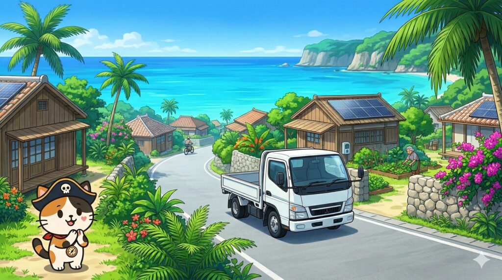 島の道を走るEVトラックを喜んで見送るココロ船長