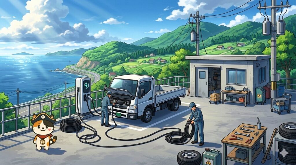 充電設備と整備拠点を見守っているココロ船長