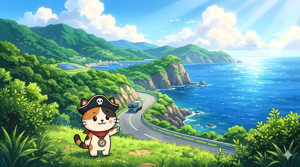 母島の海辺でEVトラックの未来を案内しているココロ船長