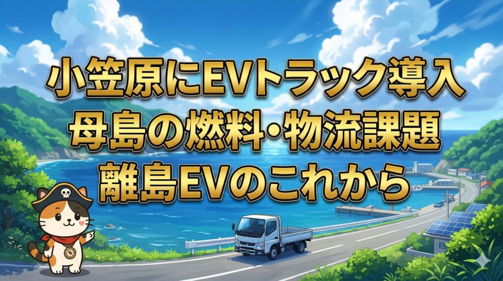 母島の海辺でEVトラックを案内しているココロ船長