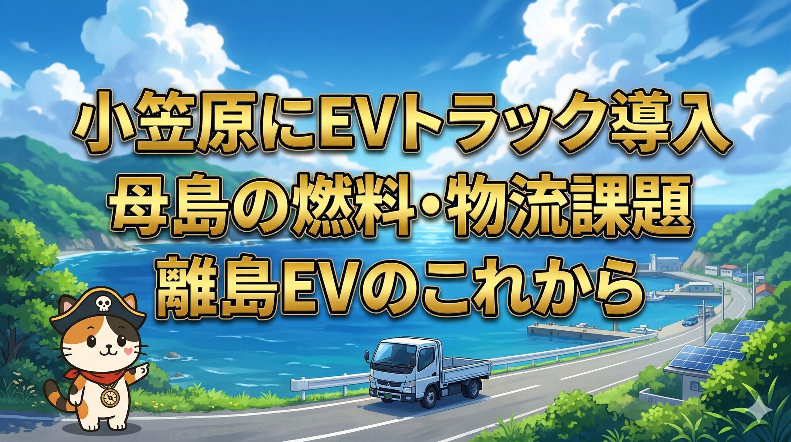 母島の海辺でEVトラックを案内しているココロ船長
