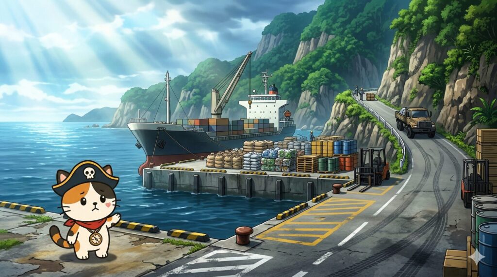 港の物流風景を見つめているココロ船長