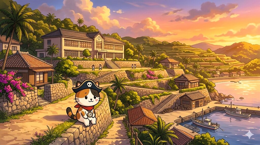 学校と島を見るココロ船長