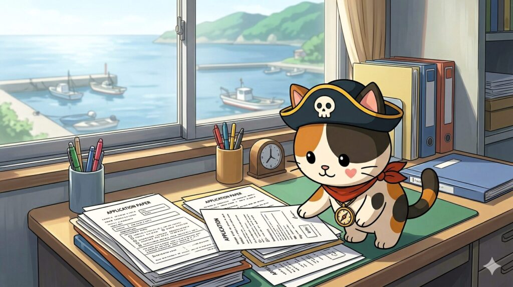 応募書類を見るココロ船長