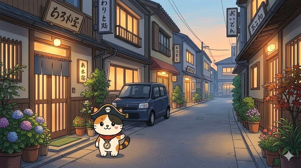 宿街を案内するココロ船長