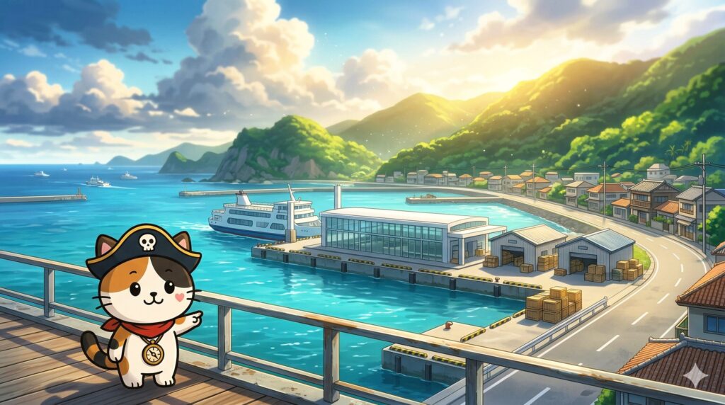 港を案内するココロ船長